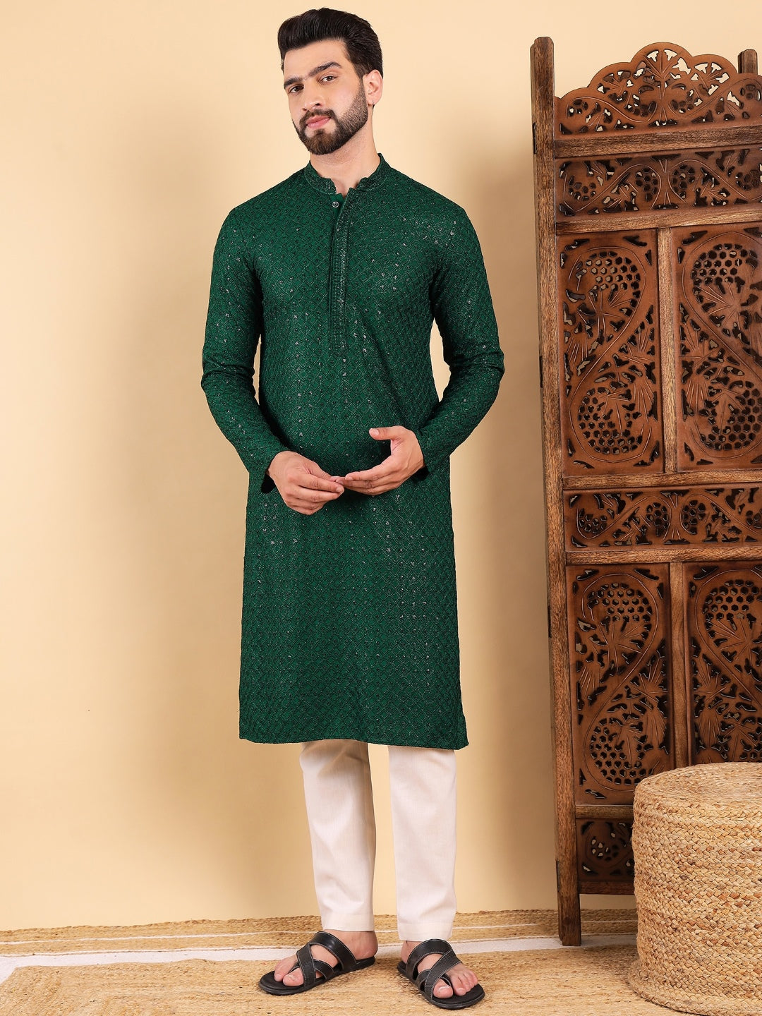 Ethnic Bay Men Green Viscose Rayon Solid Embroidered Straight Kurta with Trousers-MKSET1011GRN