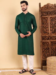 Ethnic Bay Men Green Viscose Rayon Solid Embroidered Straight Kurta with Trousers-MKSET1011GRN