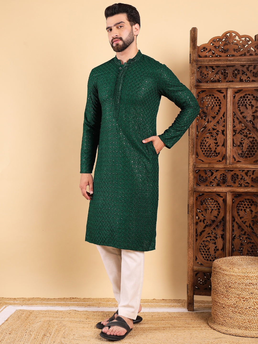 Ethnic Bay Men Green Viscose Rayon Solid Embroidered Straight Kurta with Trousers-MKSET1011GRN