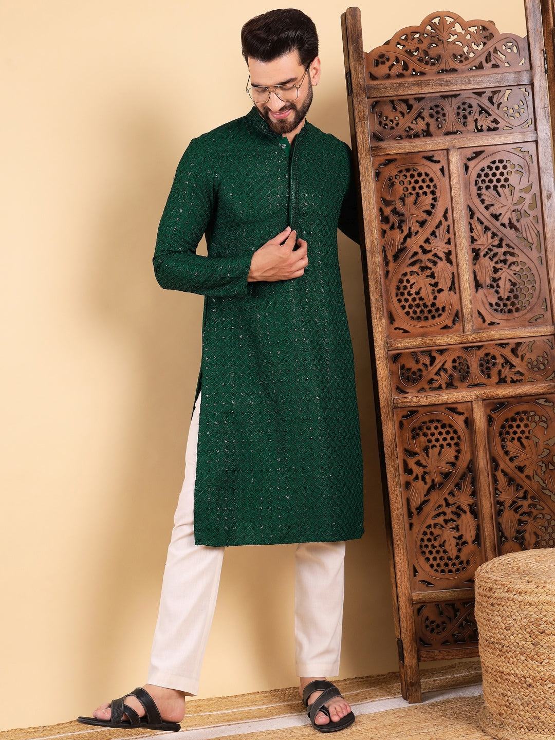Ethnic Bay Men Green Viscose Rayon Solid Embroidered Straight Kurta with Trousers-MKSET1011GRN