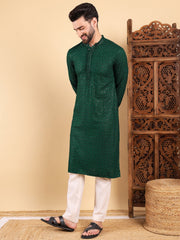 Ethnic Bay Men Green Viscose Rayon Solid Embroidered Straight Kurta with Trousers-MKSET1011GRN