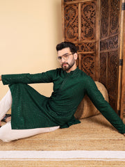 Ethnic Bay Men Green Viscose Rayon Solid Embroidered Straight Kurta with Trousers-MKSET1011GRN