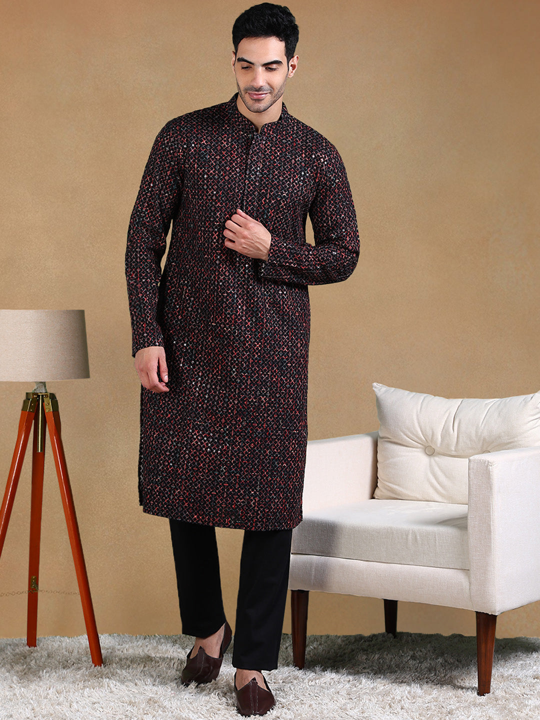 Ethnic Bay Men Black Viscose Rayon Geometric Dyed Straight Kurta with Trousers-MKSET1013BLK