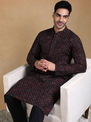 Ethnic Bay Men Black Viscose Rayon Geometric Dyed Straight Kurta with Trousers-MKSET1013BLK