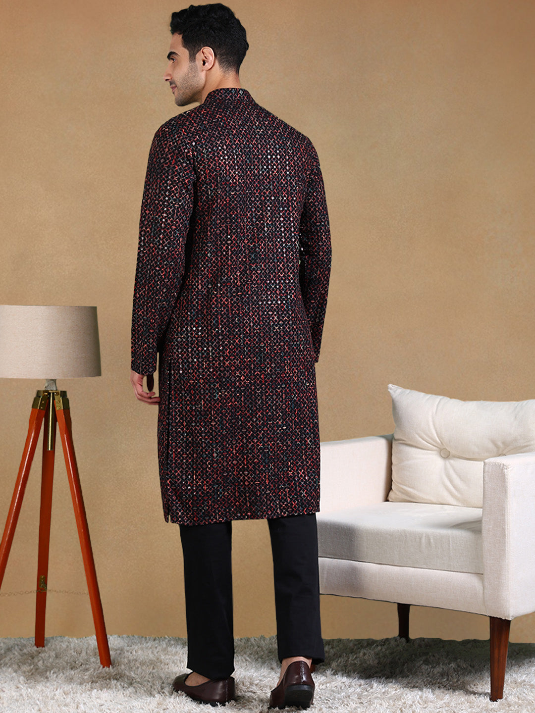 Ethnic Bay Men Black Viscose Rayon Geometric Dyed Straight Kurta with Trousers-MKSET1013BLK