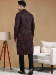 Ethnic Bay Men Black Viscose Rayon Geometric Dyed Straight Kurta with Trousers-MKSET1013BLK