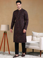 Ethnic Bay Men Black Viscose Rayon Geometric Dyed Straight Kurta with Trousers-MKSET1013BLK