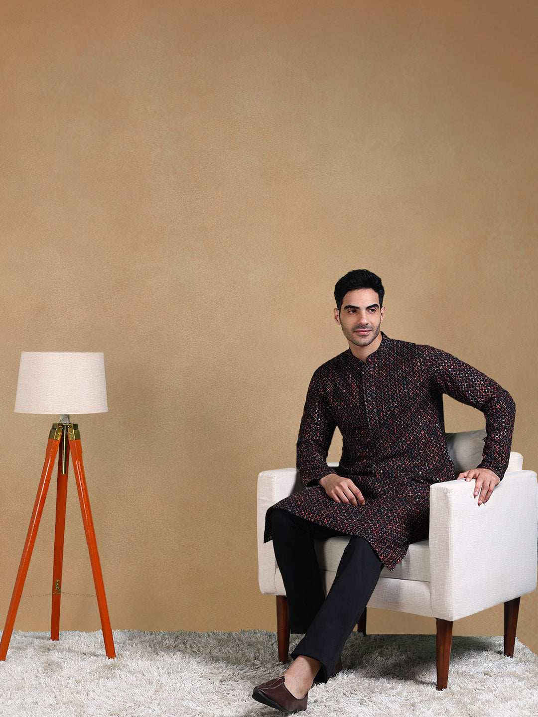 Ethnic Bay Men Black Viscose Rayon Geometric Dyed Straight Kurta with Trousers-MKSET1013BLK