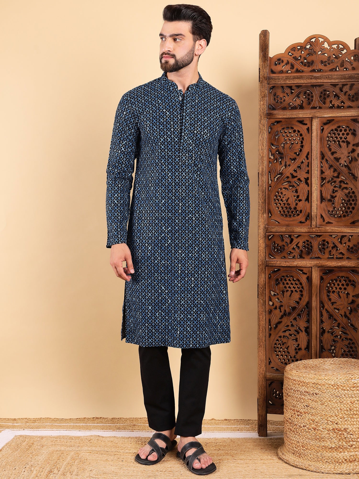 Ethnic Bay Men Blue Viscose Rayon Solid Dyed Straight Kurta with Trouser-MKSET1013BLU