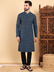 Ethnic Bay Men Blue Viscose Rayon Solid Dyed Straight Kurta with Trouser-MKSET1013BLU