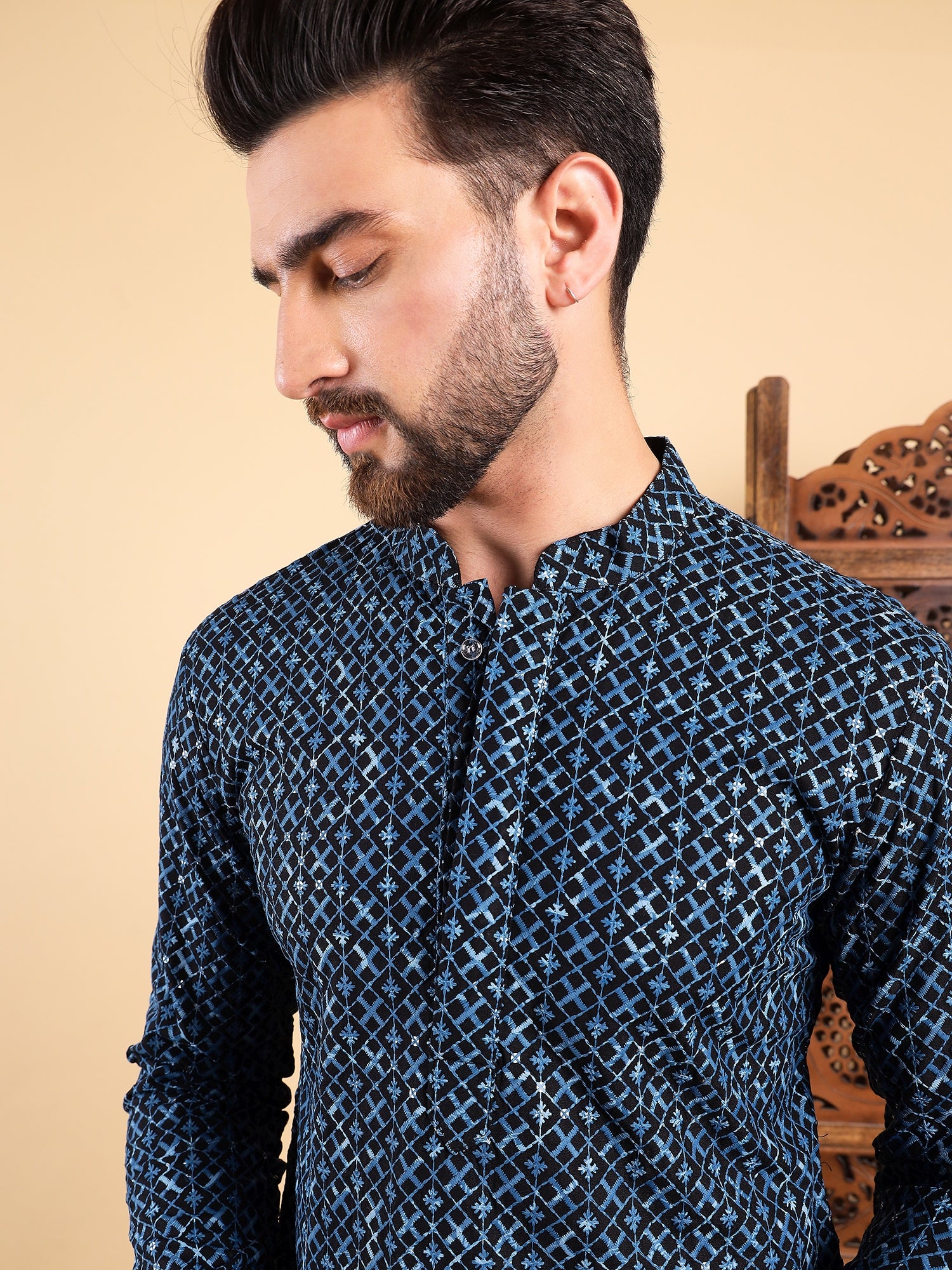 Ethnic Bay Men Blue Viscose Rayon Solid Dyed Straight Kurta with Trouser-MKSET1013BLU