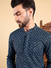 Ethnic Bay Men Blue Viscose Rayon Solid Dyed Straight Kurta with Trouser-MKSET1013BLU