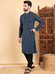 Ethnic Bay Men Blue Viscose Rayon Solid Dyed Straight Kurta with Trouser-MKSET1013BLU