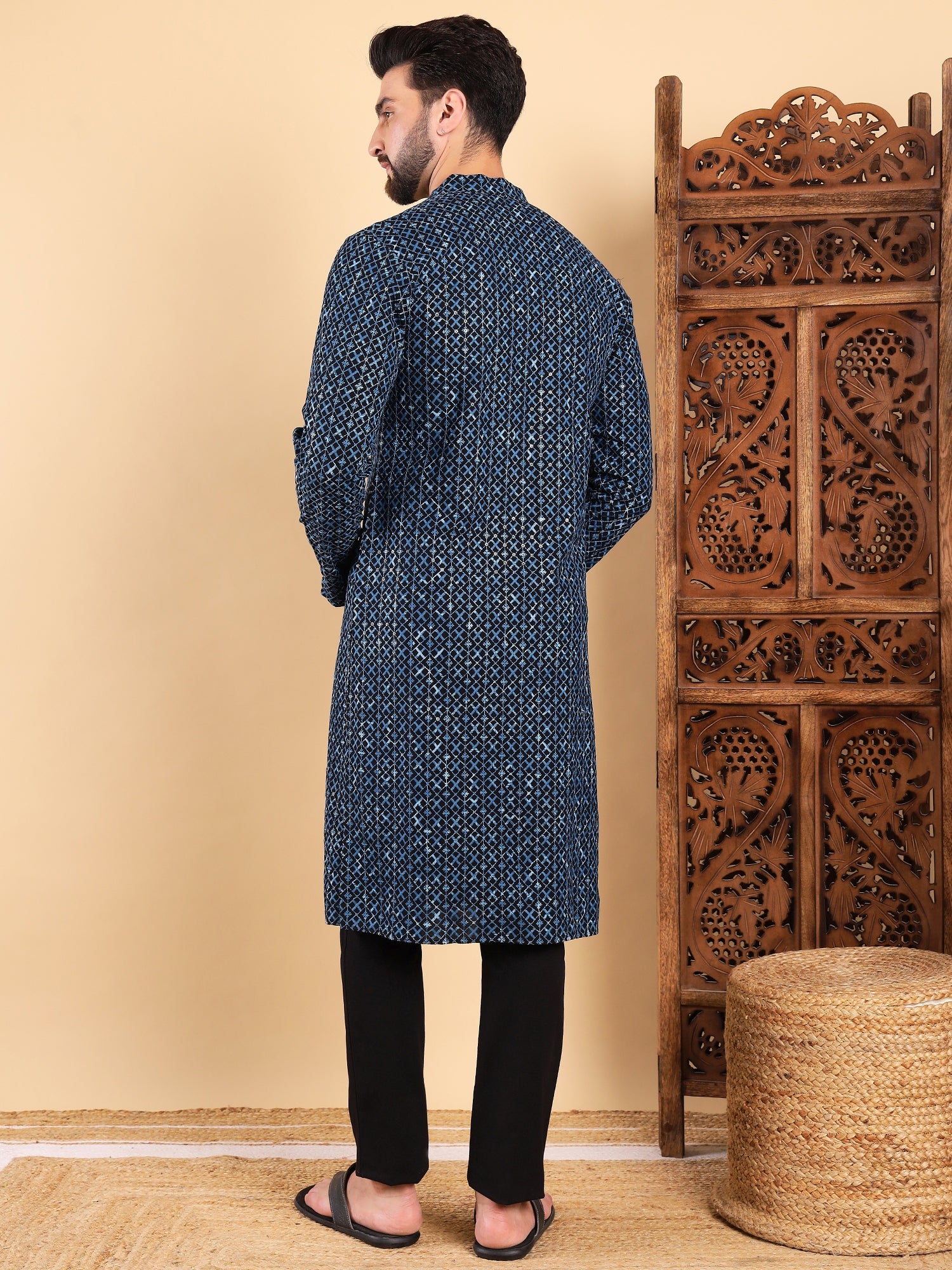 Ethnic Bay Men Blue Viscose Rayon Solid Dyed Straight Kurta with Trouser-MKSET1013BLU