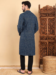Ethnic Bay Men Blue Viscose Rayon Solid Dyed Straight Kurta with Trouser-MKSET1013BLU
