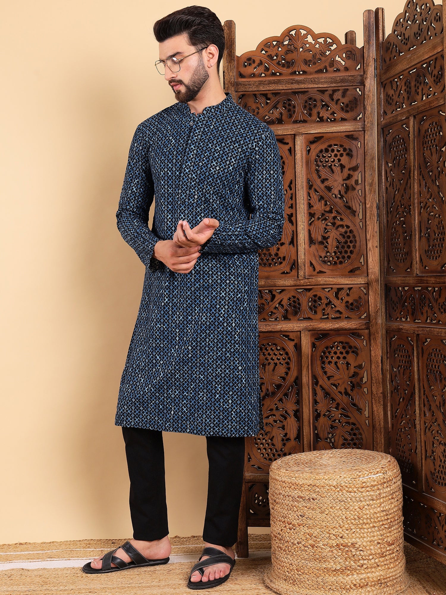 Ethnic Bay Men Blue Viscose Rayon Solid Dyed Straight Kurta with Trouser-MKSET1013BLU