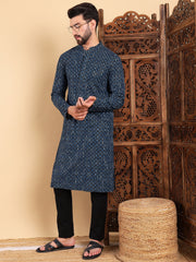 Ethnic Bay Men Blue Viscose Rayon Solid Dyed Straight Kurta with Trouser-MKSET1013BLU