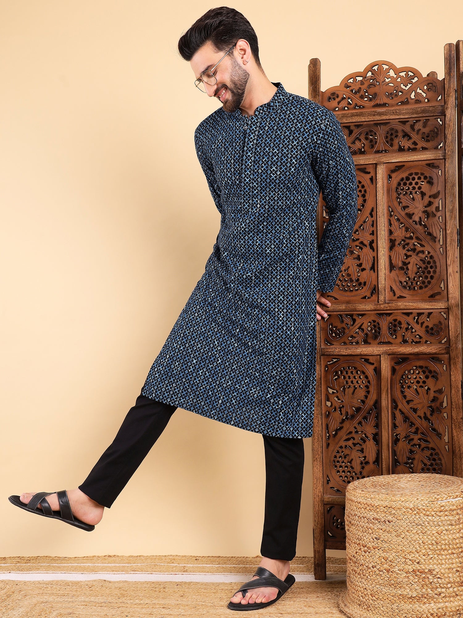 Ethnic Bay Men Blue Viscose Rayon Solid Dyed Straight Kurta with Trouser-MKSET1013BLU