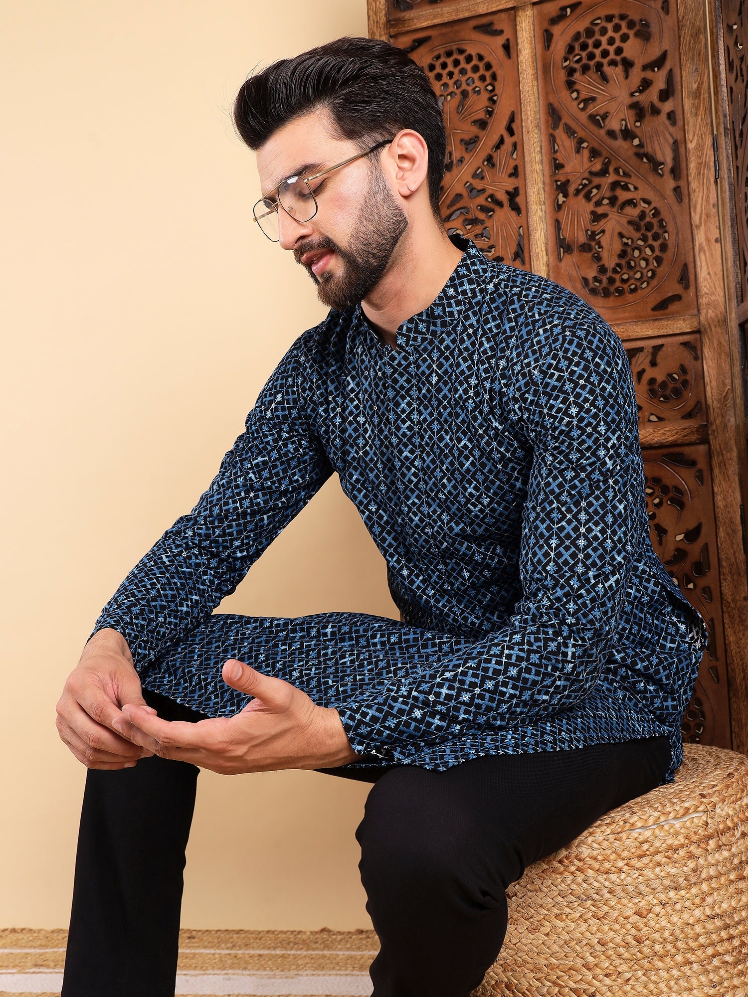 Ethnic Bay Men Blue Viscose Rayon Solid Dyed Straight Kurta with Trouser-MKSET1013BLU