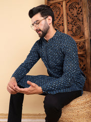 Ethnic Bay Men Blue Viscose Rayon Solid Dyed Straight Kurta with Trouser-MKSET1013BLU