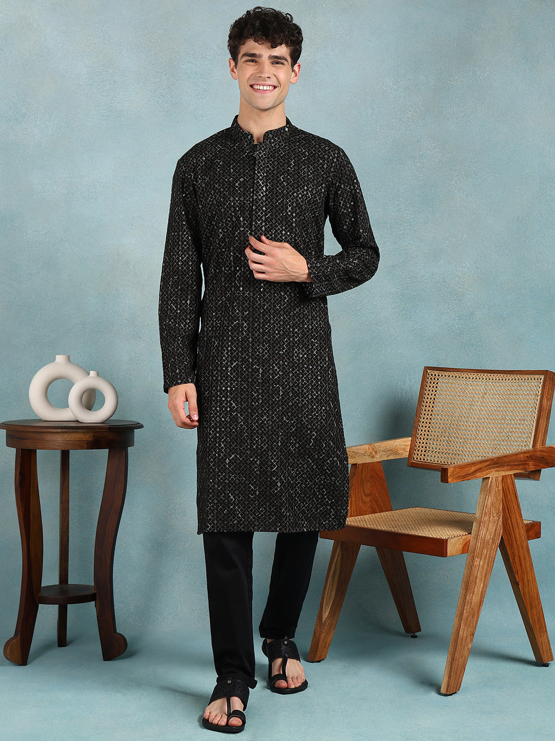 Ethnic Bay Men Green Viscose Rayon Solid Dyed Straight Kurta with Trouser-MKSET1013GRN