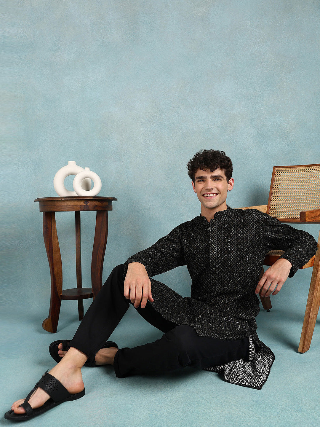 Ethnic Bay Men Green Viscose Rayon Solid Dyed Straight Kurta with Trouser-MKSET1013GRN