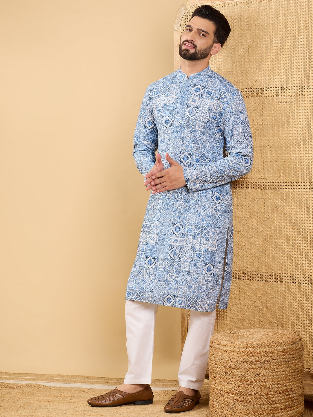 Ethnic Bay Men Blue Viscose Rayon Geometric Embroidered Straight Kurta with Trouser-MKSET1036