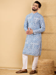 Ethnic Bay Men Blue Viscose Rayon Geometric Embroidered Straight Kurta with Trouser-MKSET1036