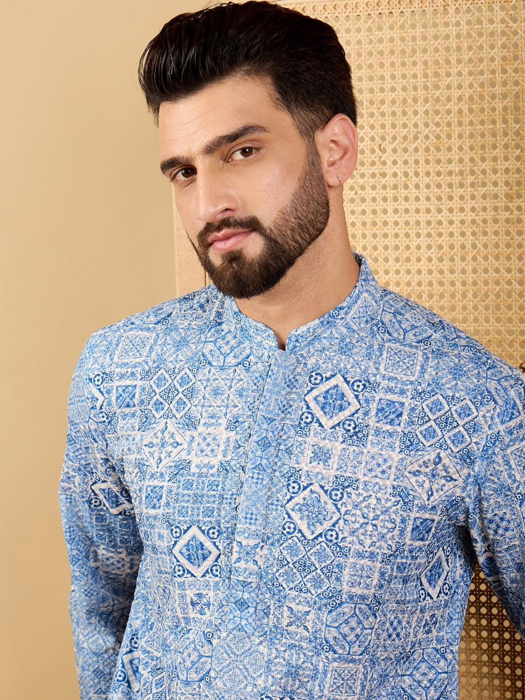 Ethnic Bay Men Blue Viscose Rayon Geometric Embroidered Straight Kurta with Trouser-MKSET1036