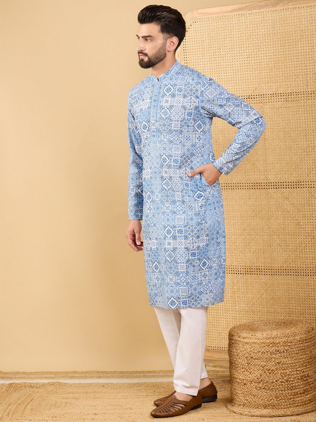 Ethnic Bay Men Blue Viscose Rayon Geometric Embroidered Straight Kurta with Trouser-MKSET1036
