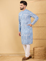 Ethnic Bay Men Blue Viscose Rayon Geometric Embroidered Straight Kurta with Trouser-MKSET1036