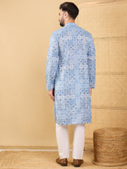 Ethnic Bay Men Blue Viscose Rayon Geometric Embroidered Straight Kurta with Trouser-MKSET1036