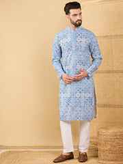 Ethnic Bay Men Blue Viscose Rayon Geometric Embroidered Straight Kurta with Trouser-MKSET1036