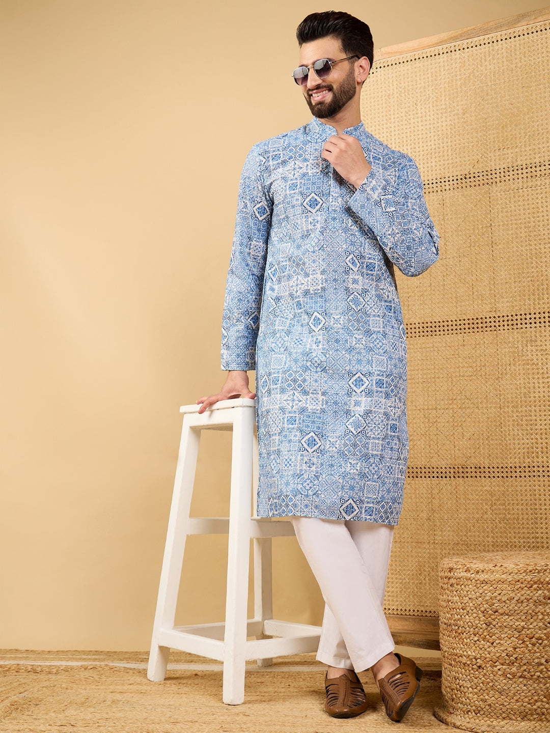 Ethnic Bay Men Blue Viscose Rayon Geometric Embroidered Straight Kurta with Trouser-MKSET1036