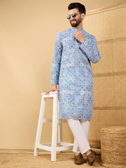Ethnic Bay Men Blue Viscose Rayon Geometric Embroidered Straight Kurta with Trouser-MKSET1036