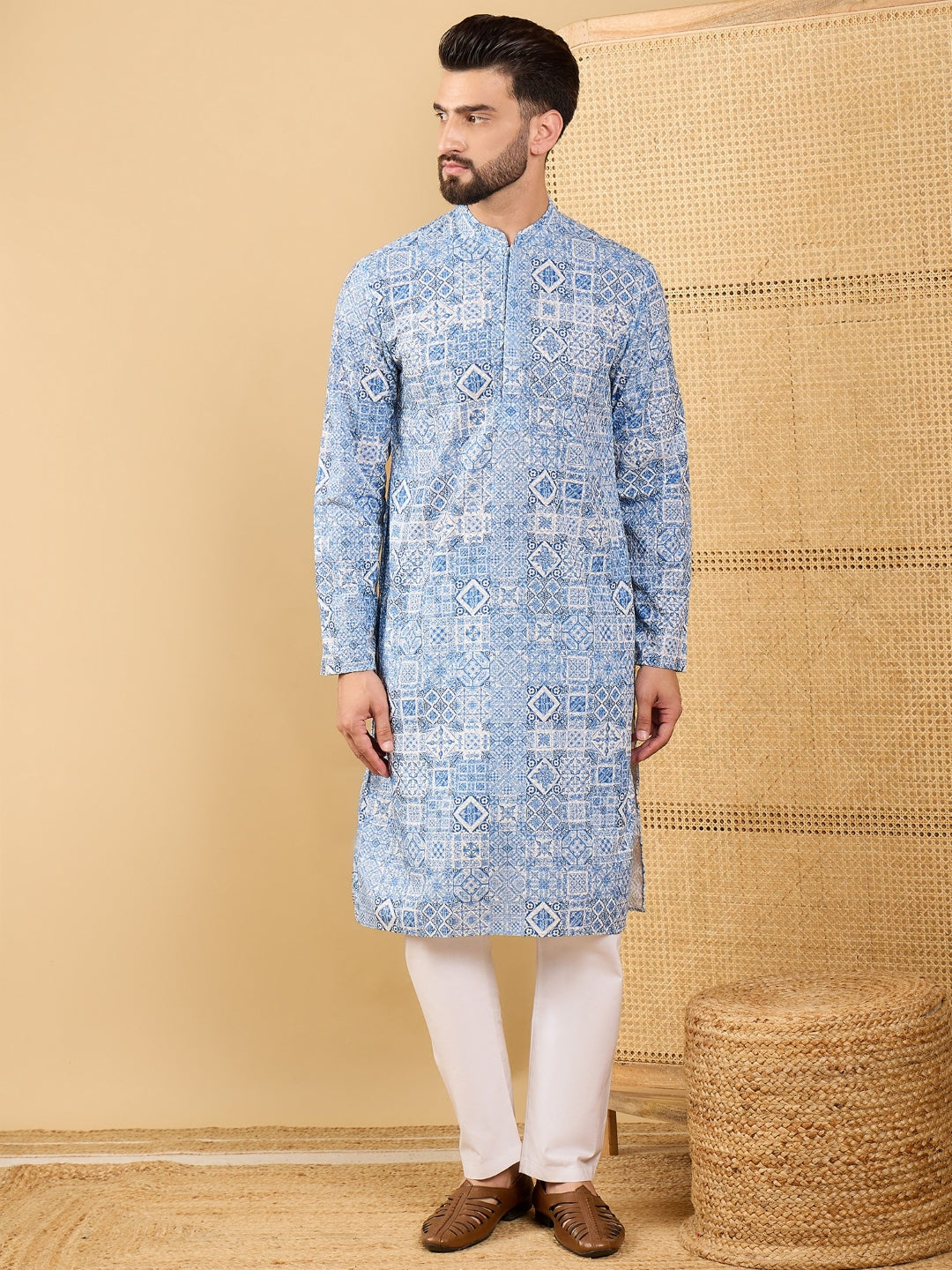 Ethnic Bay Men Blue Viscose Rayon Geometric Embroidered Straight Kurta with Trouser-MKSET1036