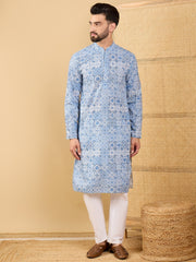 Ethnic Bay Men Blue Viscose Rayon Geometric Embroidered Straight Kurta with Trouser-MKSET1036