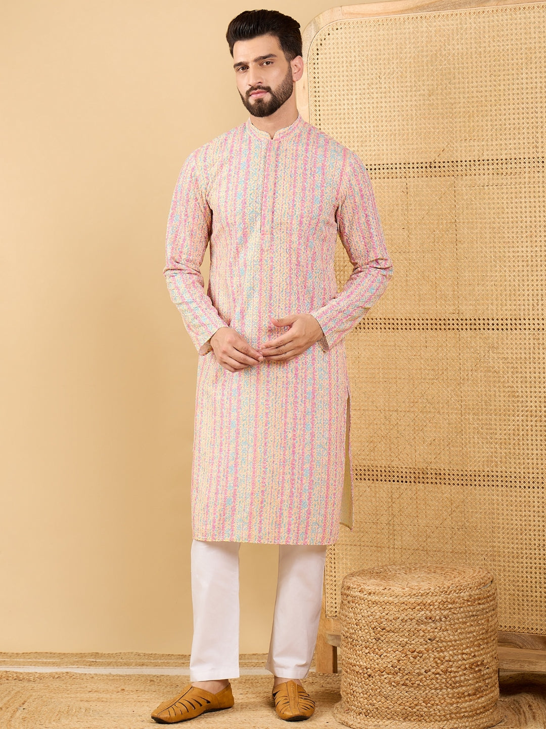 Ethnic Bay Men Multi Viscose Rayon Striped Embroidered Straight Kurta with Trouser-MKSET1038