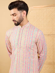 Ethnic Bay Men Multi Viscose Rayon Striped Embroidered Straight Kurta with Trouser-MKSET1038