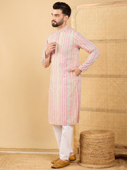 Ethnic Bay Men Multi Viscose Rayon Striped Embroidered Straight Kurta with Trouser-MKSET1038
