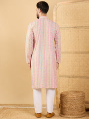 Ethnic Bay Men Multi Viscose Rayon Striped Embroidered Straight Kurta with Trouser-MKSET1038