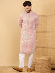Ethnic Bay Men Multi Viscose Rayon Striped Embroidered Straight Kurta with Trouser-MKSET1038