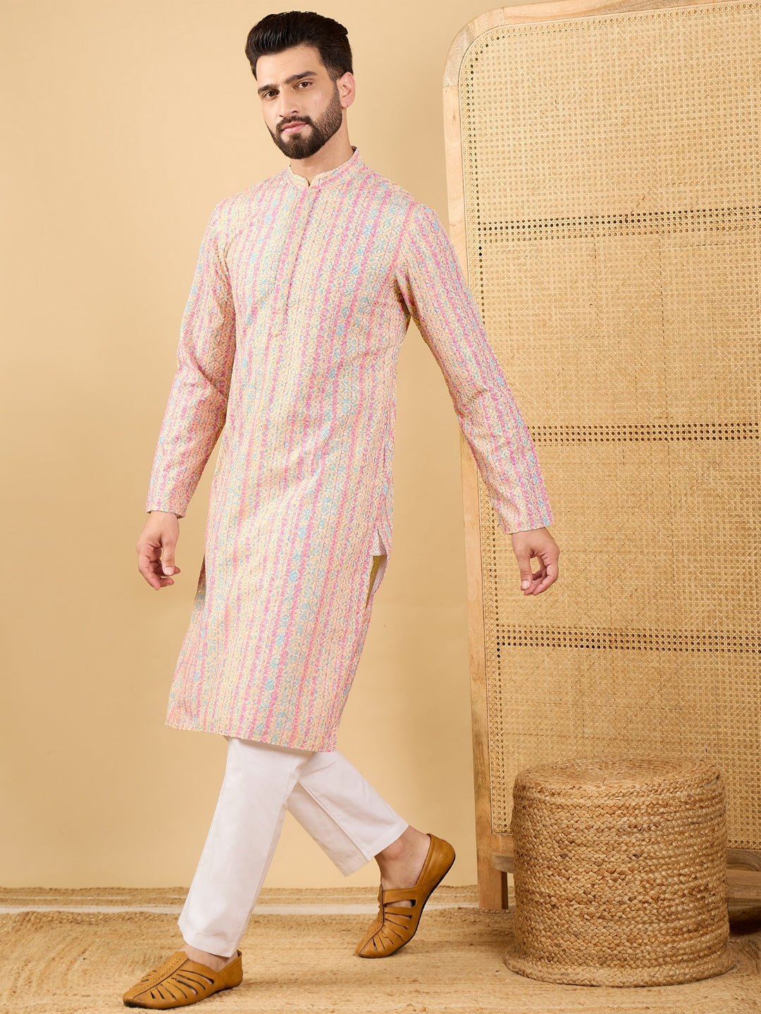 Ethnic Bay Men Multi Viscose Rayon Striped Embroidered Straight Kurta with Trouser-MKSET1038