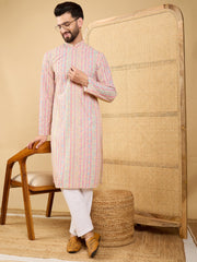 Ethnic Bay Men Multi Viscose Rayon Striped Embroidered Straight Kurta with Trouser-MKSET1038