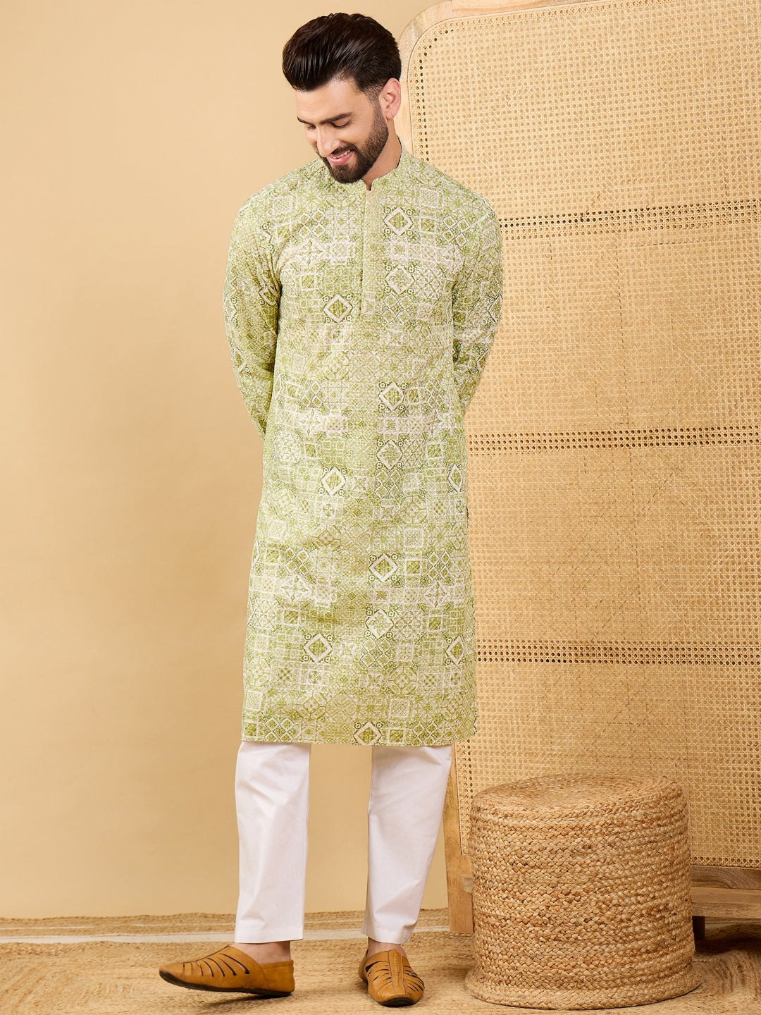 Ethnic Bay Men Olive Viscose Rayon Geometric Embroidered Straight Kurta with Trouser-MKSET1041