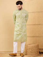 Ethnic Bay Men Olive Viscose Rayon Geometric Embroidered Straight Kurta with Trouser-MKSET1041