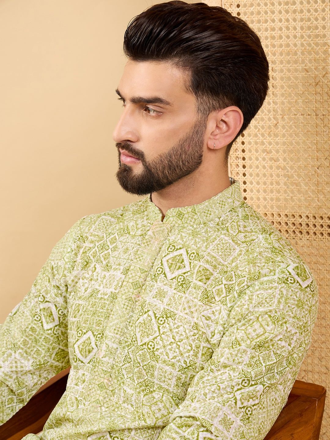 Ethnic Bay Men Olive Viscose Rayon Geometric Embroidered Straight Kurta with Trouser-MKSET1041