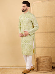 Ethnic Bay Men Olive Viscose Rayon Geometric Embroidered Straight Kurta with Trouser-MKSET1041