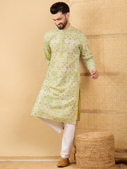Ethnic Bay Men Olive Viscose Rayon Geometric Embroidered Straight Kurta with Trouser-MKSET1041