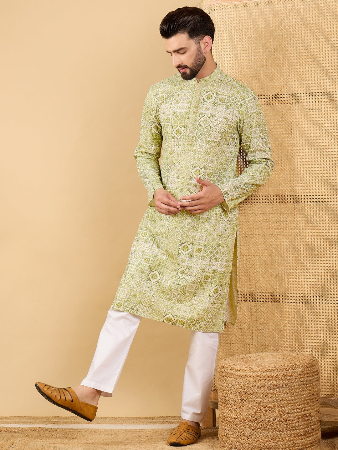 Ethnic Bay Men Olive Viscose Rayon Geometric Embroidered Straight Kurta with Trouser-MKSET1041